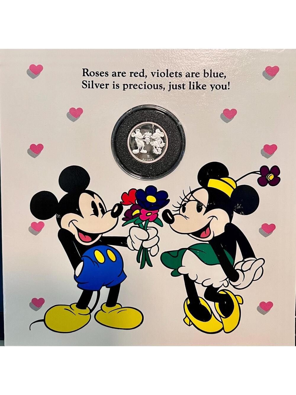 1980s Vintage Disney Mickey Minnie Mouse Card with 1/10 oz Fine Silver Round